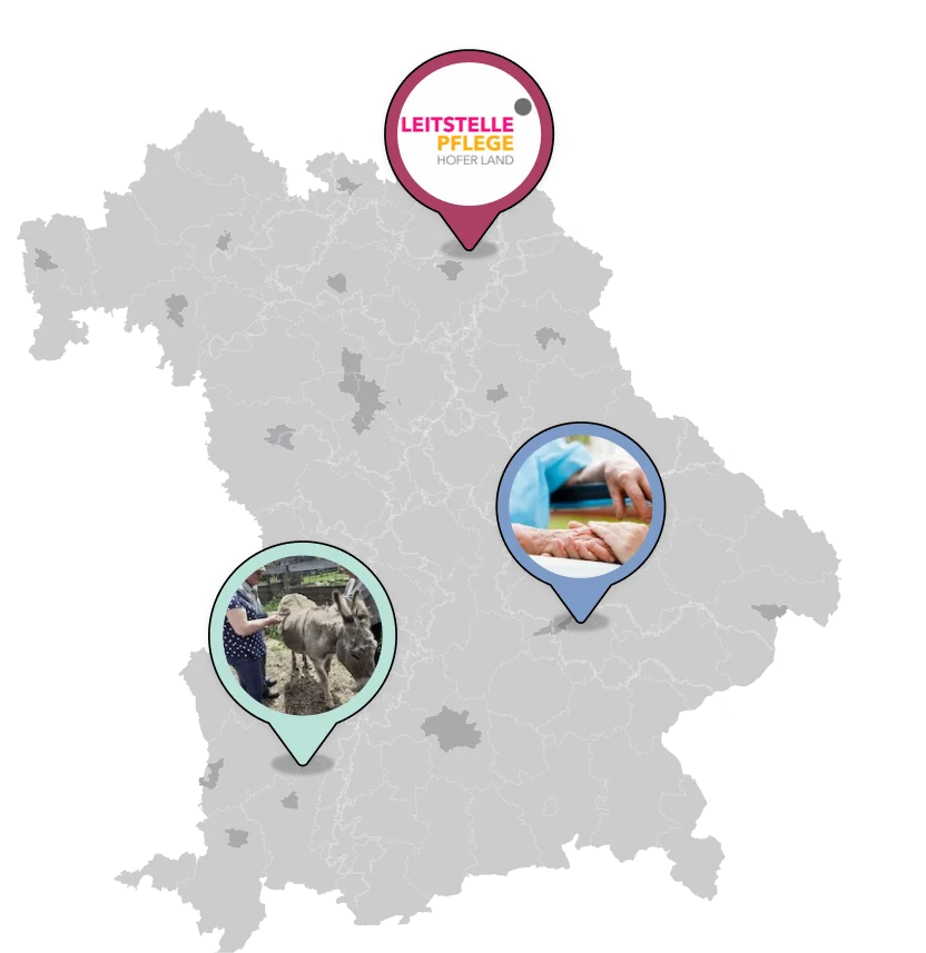 Bayernkarte mit drei Projektstandorten: Leitstelle Pflege in Hof, Krisendienst in Erding und tiergestützte Betreuung in Holzgünz.