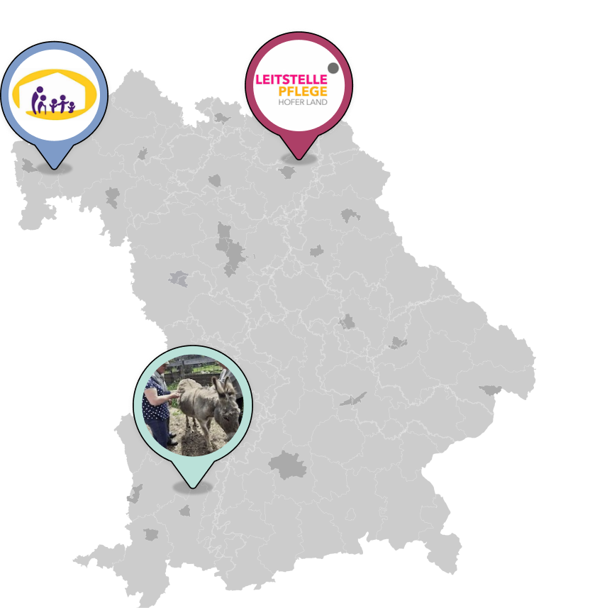 Bayernkarte mit drei Pflegeprojekten: Leitstelle Pflege in Hof, Bauernhofbesuche in Holzgünz und Haus St. Vinzenz von Paul in Kleinostheim.