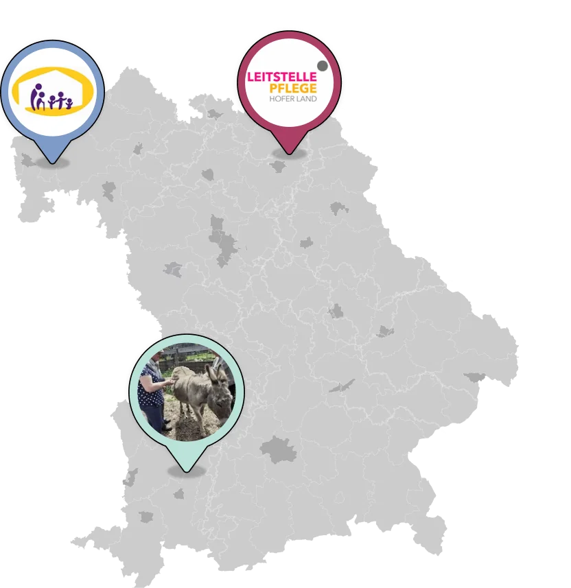 Bayernkarte mit drei Pflegeprojekten: Leitstelle Pflege in Hof, Bauernhofbesuche in Holzgünz und Haus St. Vinzenz von Paul in Kleinostheim.