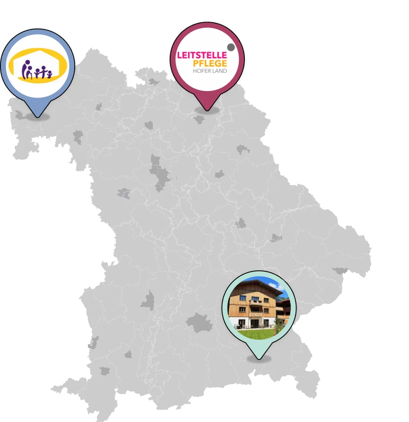 Bayernkarte mit drei Pflegeprojekten: Leitstelle Pflege in Hof, Haus St. Vinzenz von Paul in Kleinostheim und selbstbestimmtes Wohnen am Rathausplatz in Unterwössen.