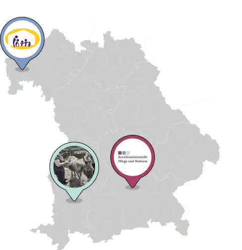 Bayernkarte mit drei Projektstandorten: Koordinationsstelle Pflege und Wohnen Krisendienst in Erding und tiergestützte Betreuung in Holzgünz.