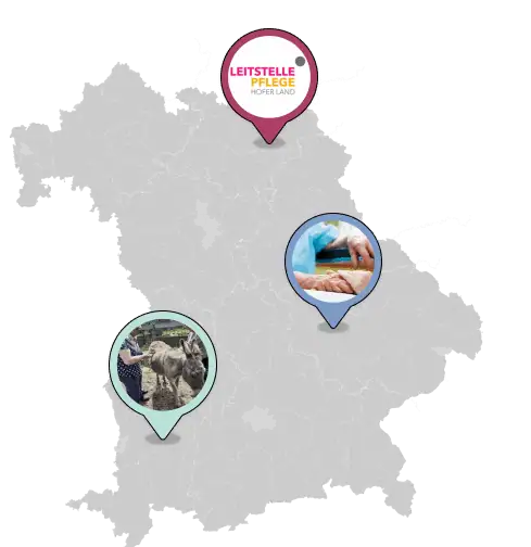 Bayernkarte mit drei Projektstandorten: Leitstelle Pflege in Hof, Krisendienst in Erding und tiergestützte Betreuung in Holzgünz.
