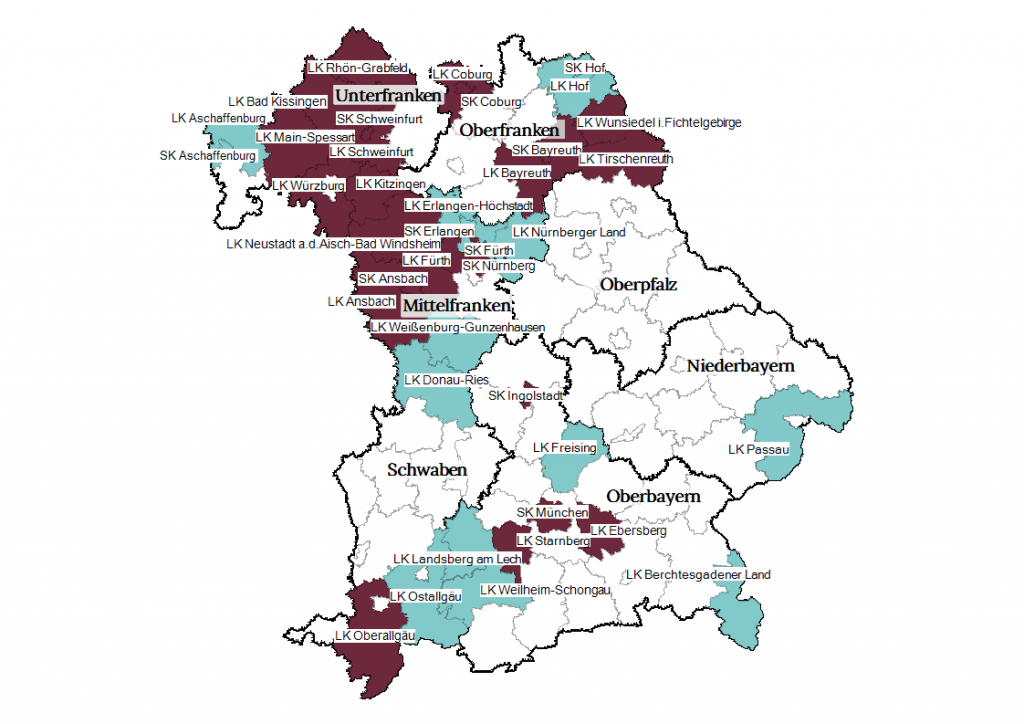 Bayernkarten, auf der Pflegekonferenzen sowie pflegerische Netzwerke eingefärbt sind in rot und türkis